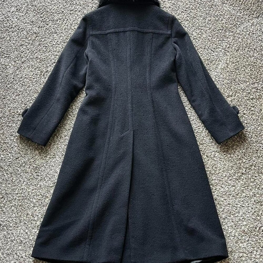 Of Benetton 100% Wool Black Trench Coat Women 10/Large Faux Fur Elegant Feminine - Picture 5 of 8